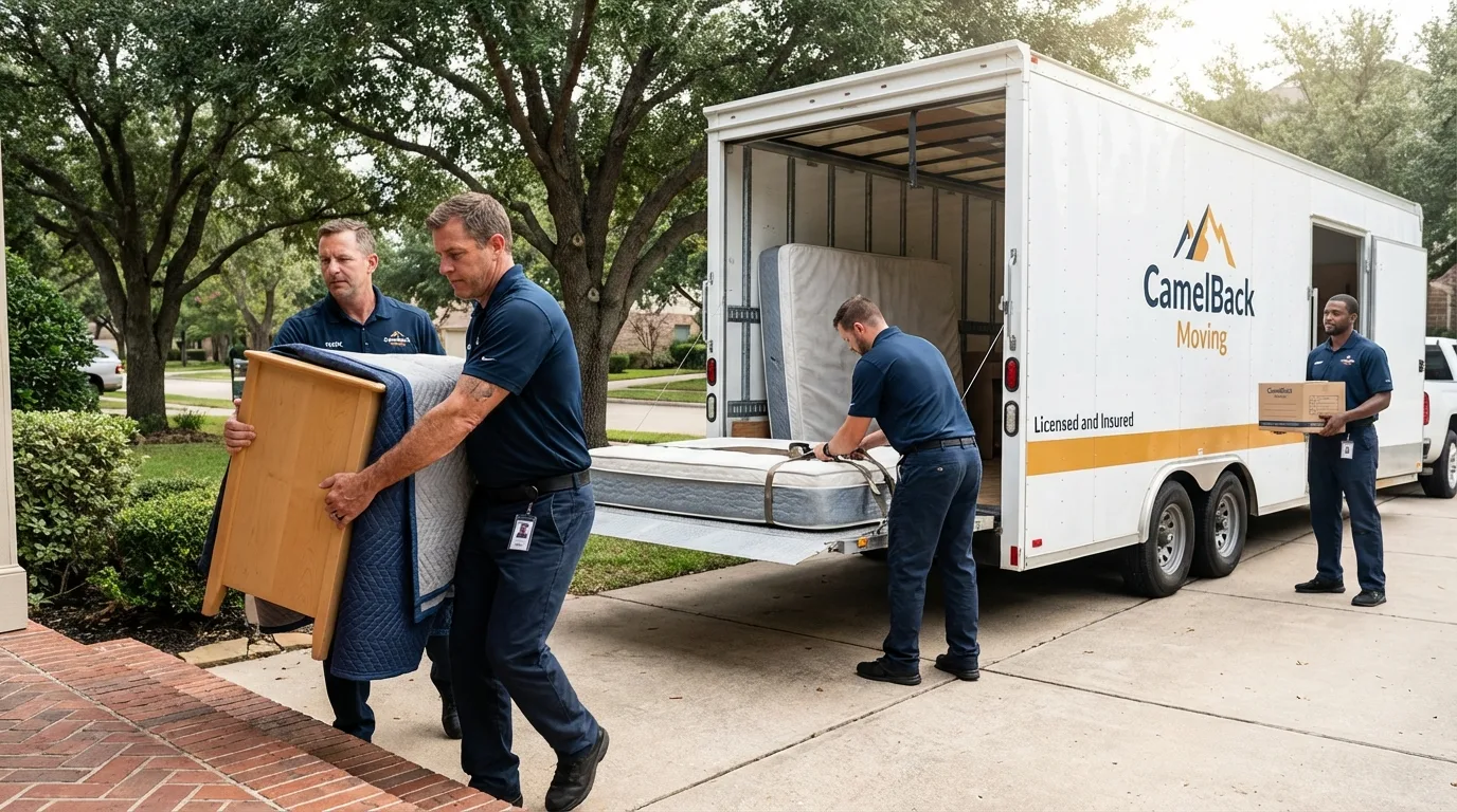 Crew loading residential truck for cross-state move from Lyons, OR