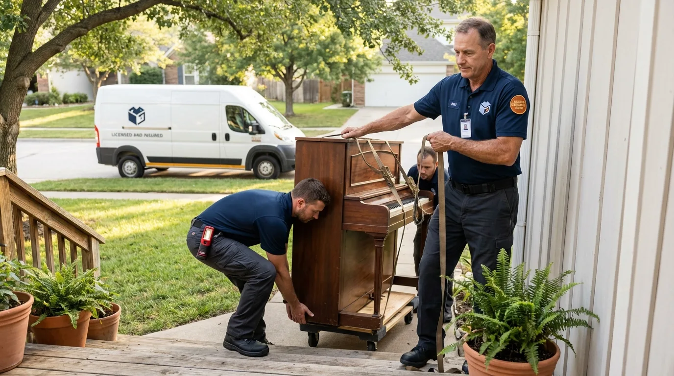 Licensed piano movers securing grand piano in Lyons, OR