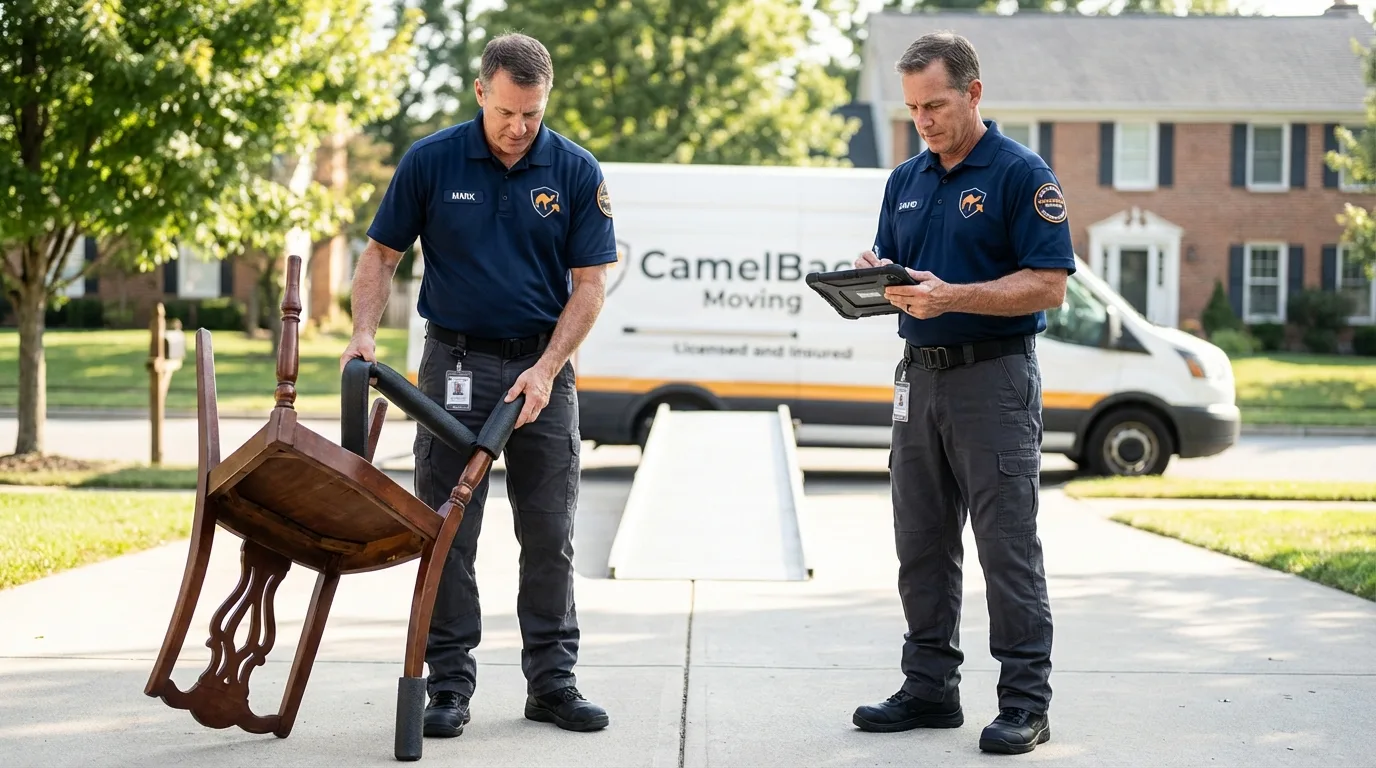 Movers inspecting furniture for damage prevention before loading in Lyons, OR
