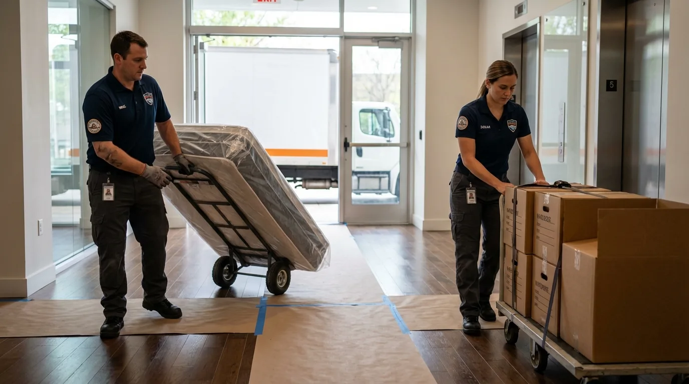 Professional apartment movers loading elevator in Lyons, OR