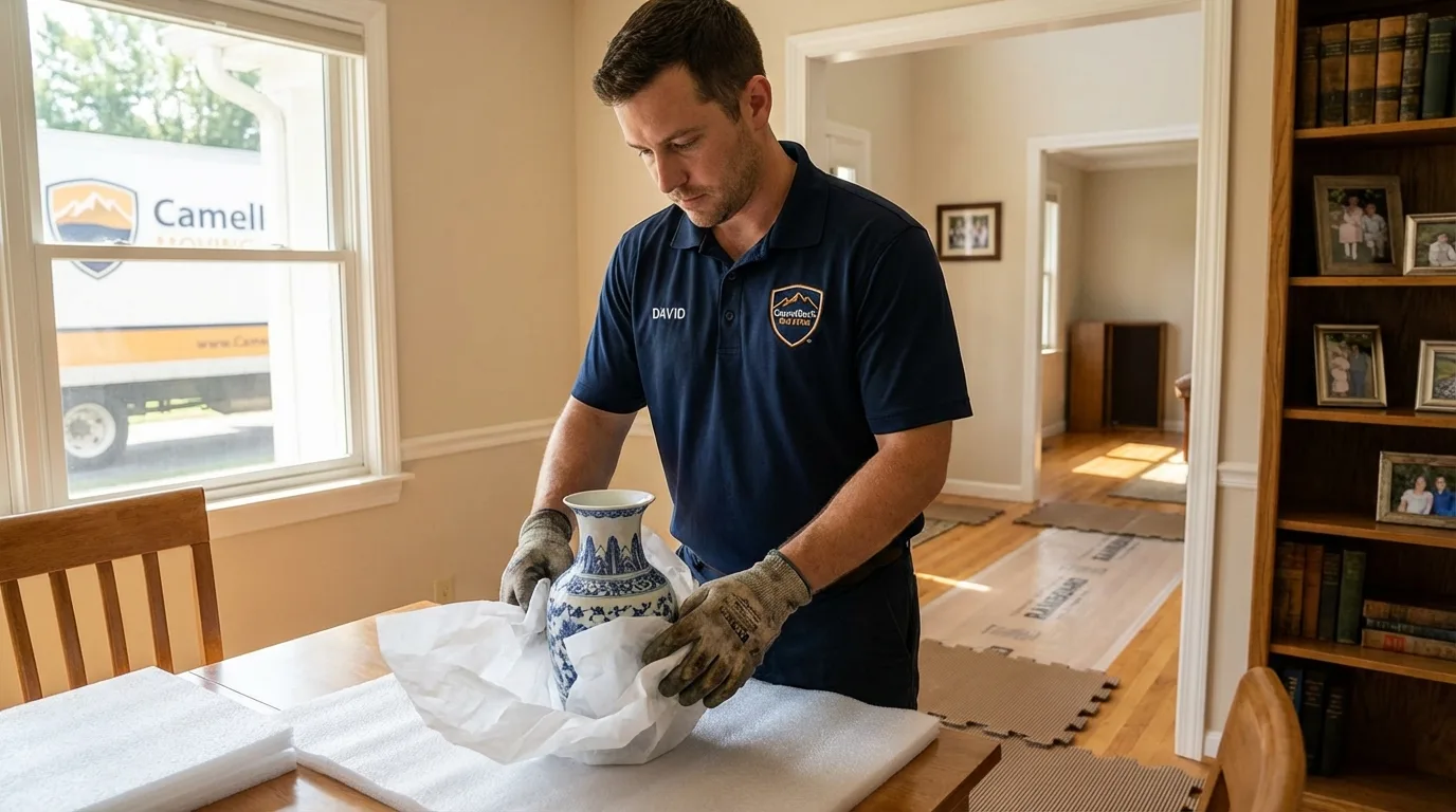 Professional crew carefully wrapping antique vase for senior downsizing move in Lyons, OR
